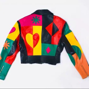 美国代购 古着彩虹撞色爱心拼接皮革摩托车夹克高腰皮衣 Jacket㊣