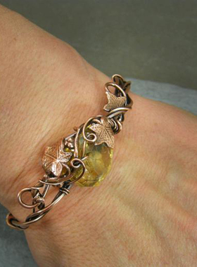 女黄铜复古常春藤叶子黄水晶手链