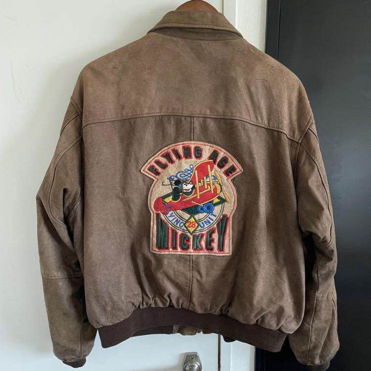 海外代购Jacket ▼古着复古米老鼠滑翔机飞行员棕色皮夹克外套