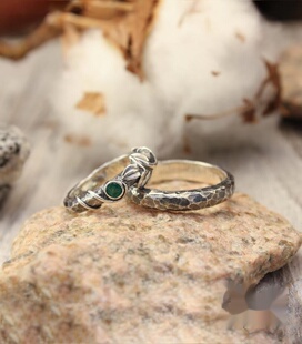 海外代购Emerald◇手作天然翡翠树叶纯银锤击纹情侣结婚对戒戒指