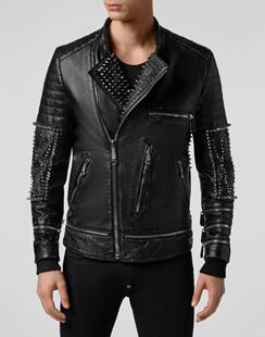 泰国代购Punk◇手作白兰度牛皮真皮铆钉不对称男士机车夹克皮衣