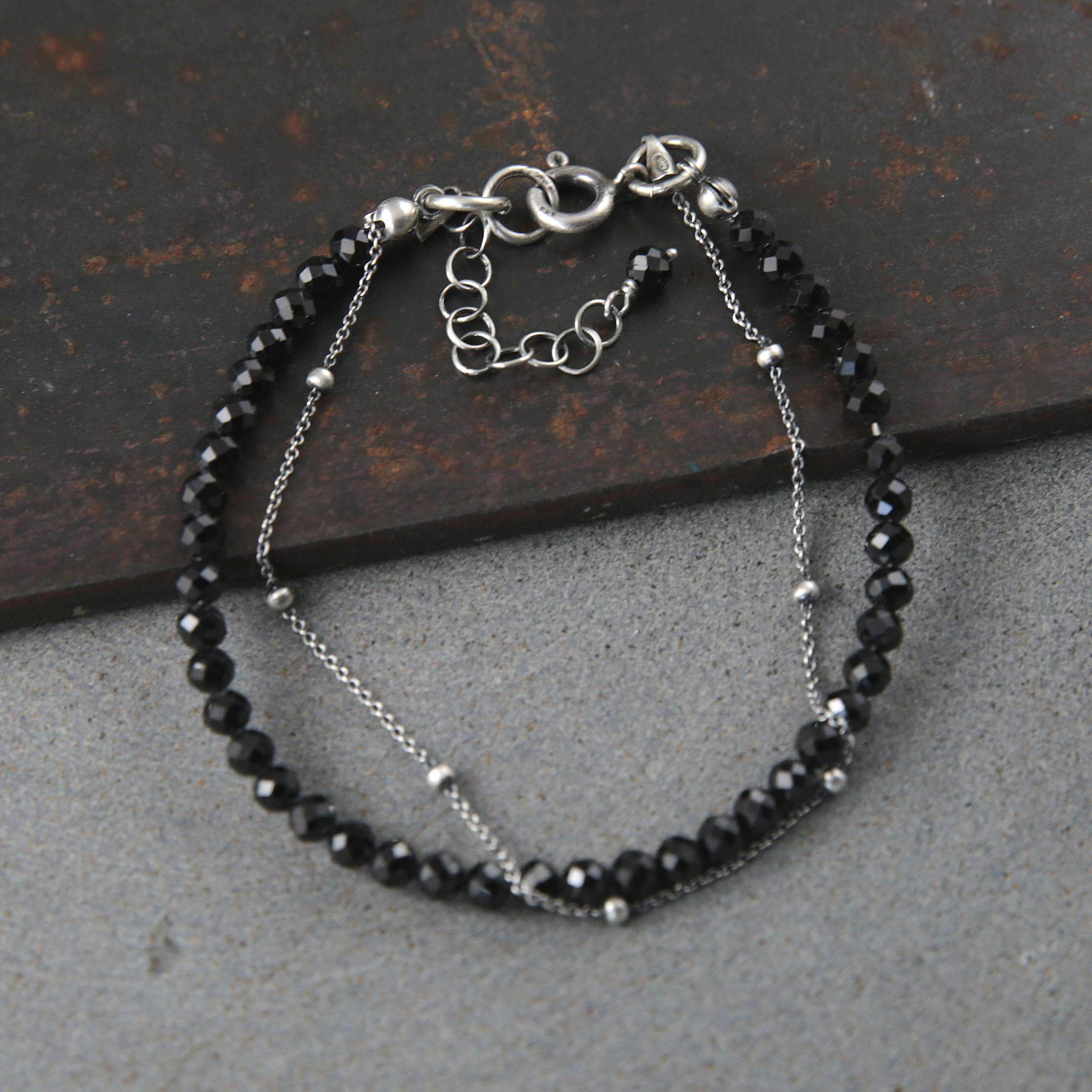 澳大利亚代购Bracelet㊣ 手作简约精致黑色碧玺串珠纯银双层手链