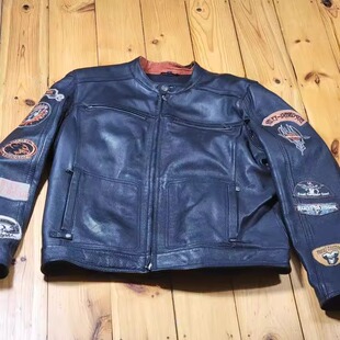 美国代购Leather㊣ 古着收藏拉链按扣补丁真皮男士机车夹克皮衣