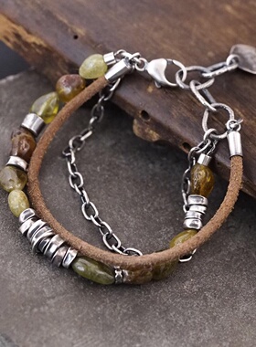 波兰代购Garnet◇手作复古绿色石榴石皮革银珠氧化纯银叠戴手链