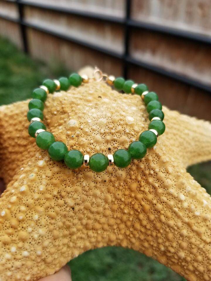 美国代购Green◇手作软玉绿翡翠色绿玉圆珠串珠实心14K纯金手链