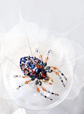 海外代购Spider◇手作珠绣橙深蓝色彩色蜘蛛玛瑙水晶珠宝艺术胸针