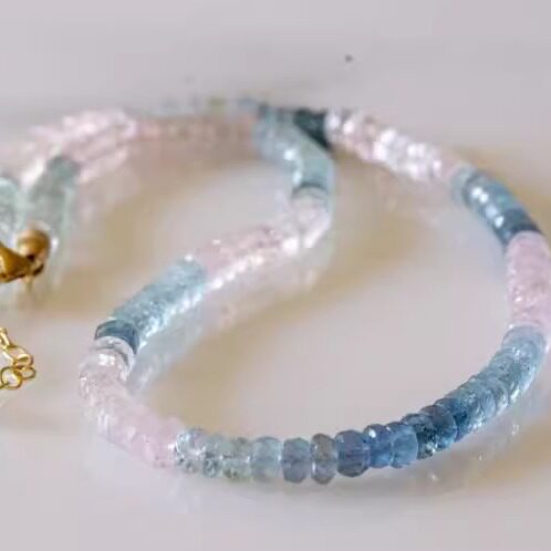 美国代购Necklace㊣ 手作华丽冰蓝色绿色海蓝宝石摩根石14k金项链