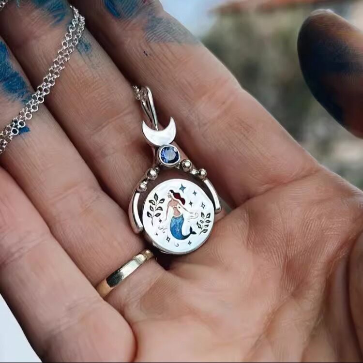 土耳其代购Necklace㊣ 手作精致手绘月亮星空美人鱼插图翻转项链