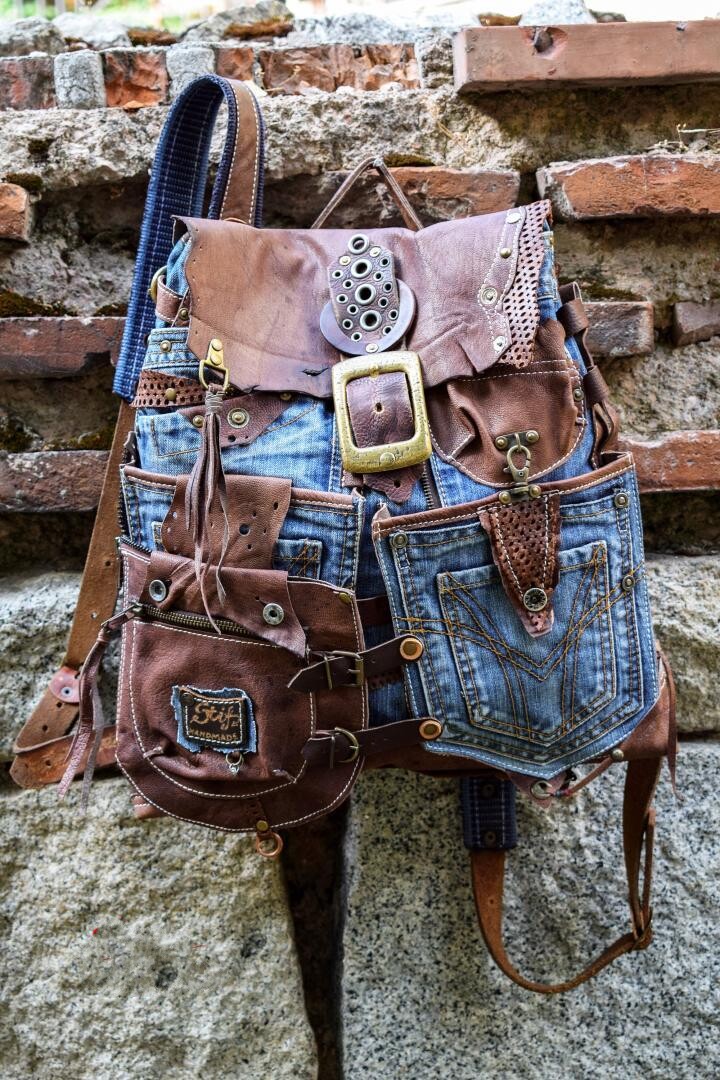 海外代购Backpack㊣ 手作波西米亚牛仔皮革艺术拼接双肩旅行背包