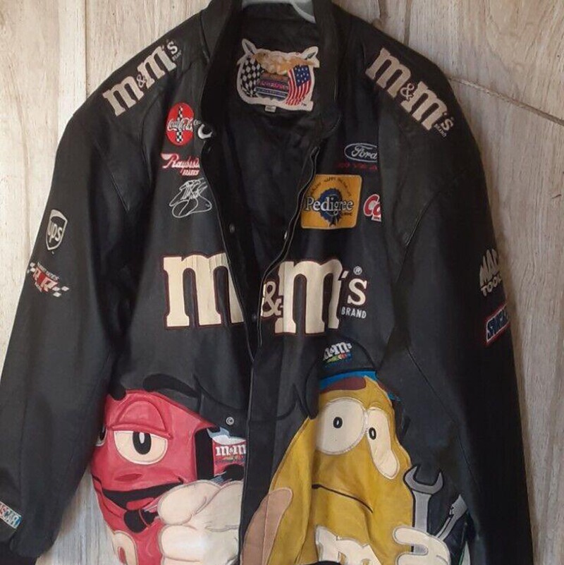 美国代购Racing◇古着赛车巧克力豆糖果人卡通M豆麂皮皮衣夹克