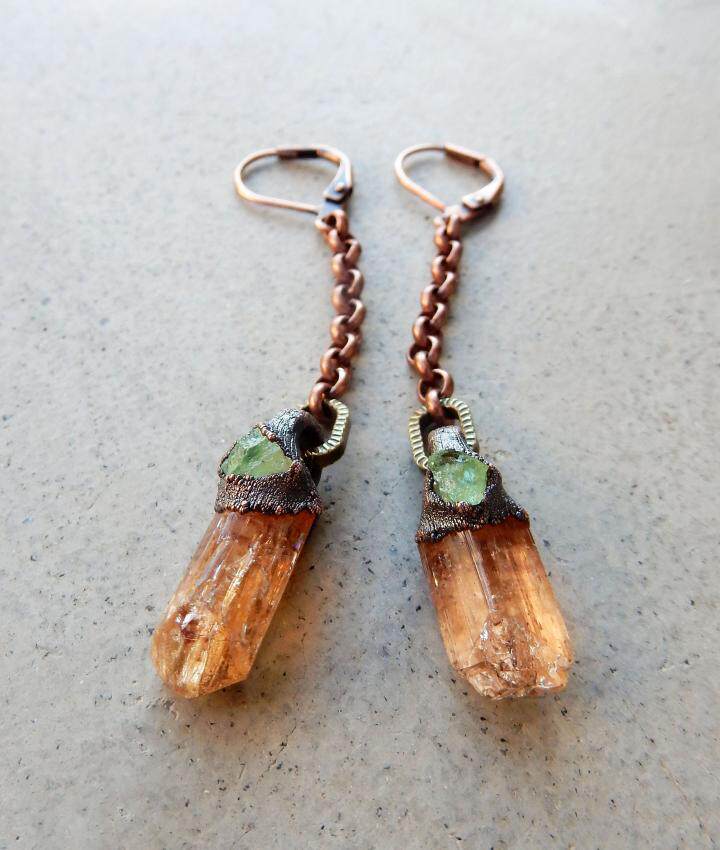 美国代购Earring㊣ 手作华丽天然黄玉绿色石榴石黄铜链节耳环耳饰