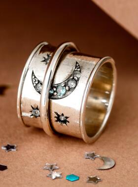 海蓝宝石星星月亮旋转纯银宽戒指