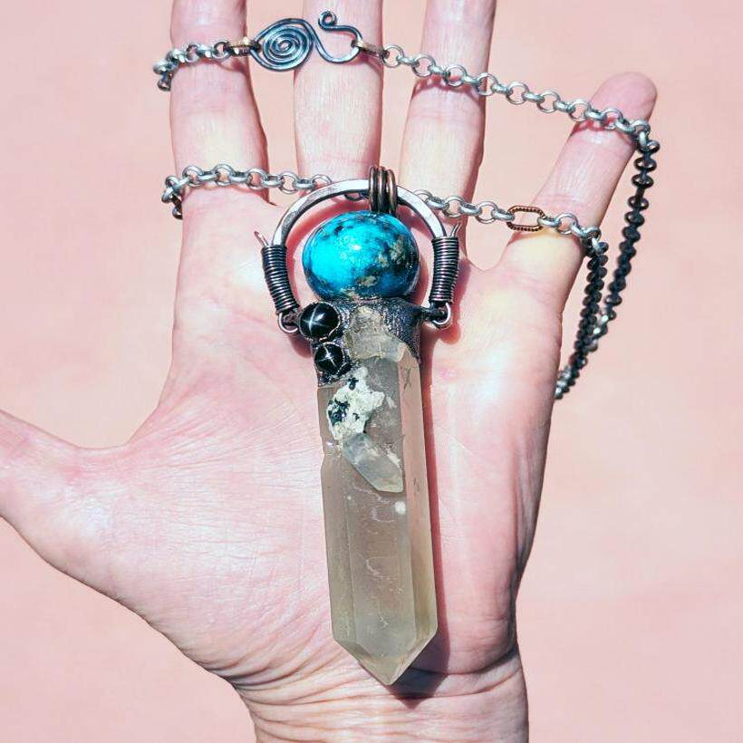 美国代购Necklace㊣ 手作绿松石黄铁矿透辉石石英水晶吊坠项链