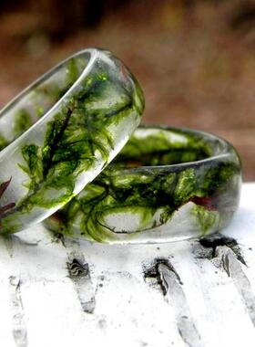 乌克兰代购Spring◇手作复古森林自然绿色苔藓树脂木环木制戒指