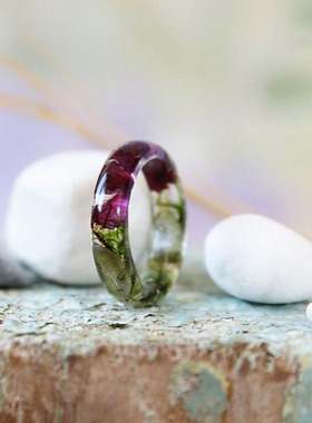 女士树脂紫色花朵康乃馨苔藓戒指