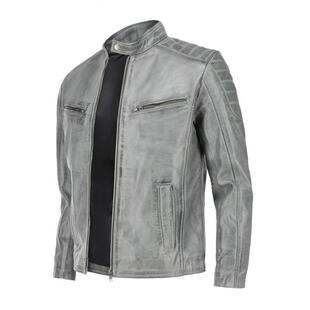 侧拉链灰色真皮夹克皮衣 机车款 Jacket㊣英国代购 手作立领经典