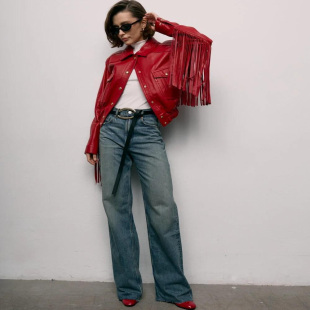 机车夹克皮衣 手作酷炫红色小羊皮流苏西部女式 海外代购 Jacket㊣