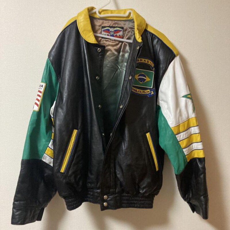 海外代购Black◇古着1994年世界杯足球星星黑色绿色皮革夹克皮衣