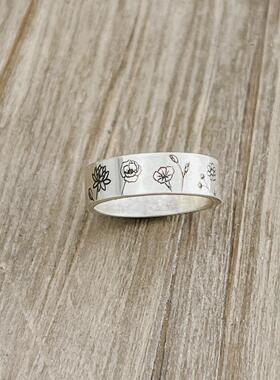 花朵雕刻定制刻字励志戒指纯银