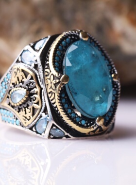 蓝色碧玺宝石绿松石纯银男士戒指