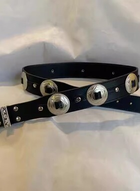 澳大利亚代购Concho◇手作复古黑色真皮银色扣西部牛仔腰带皮带