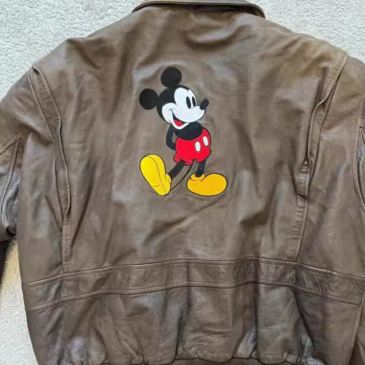 美国代购Jacket㊣ 古着收藏可爱米奇图案地图内衬飞行员夹克皮衣