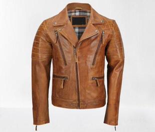 泰国代购 夹克外套皮衣 Biker◇手作复古棕色皮革真皮拉链翻领男士