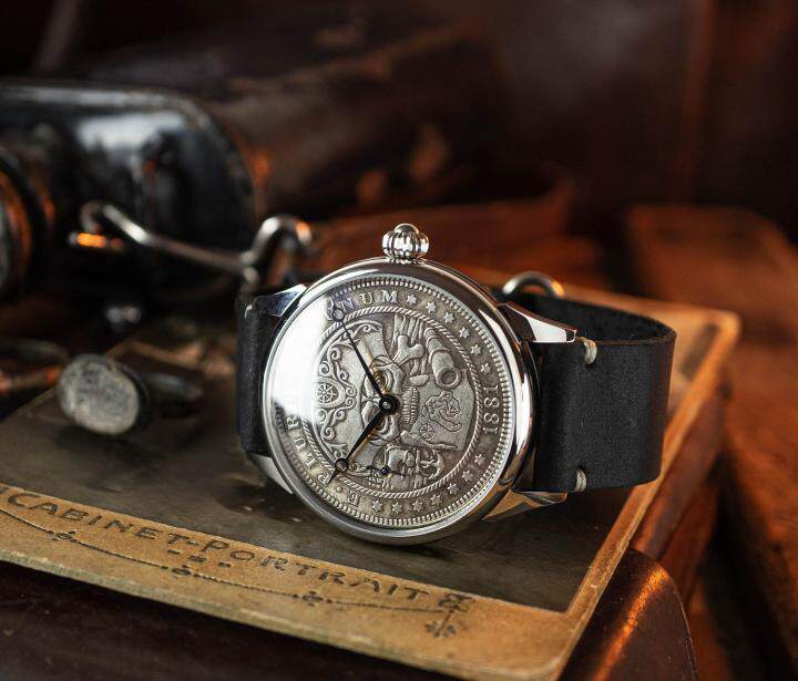 美国代购skull◇古着复古70年代骷髅海盗硬币男士机械手表腕表