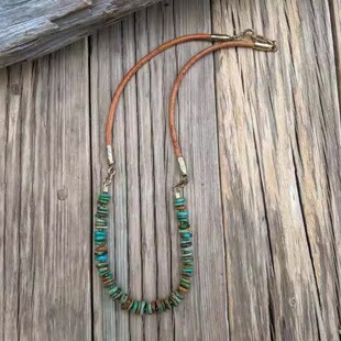 手作迷人复古美丽真正绿松石水晶串珠皮项链 Rustic㊣加拿大代购