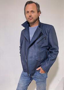 印度尼西亚代购Biker◇手作奢华男士机车蓝色真皮蟒蛇皮夹克皮衣