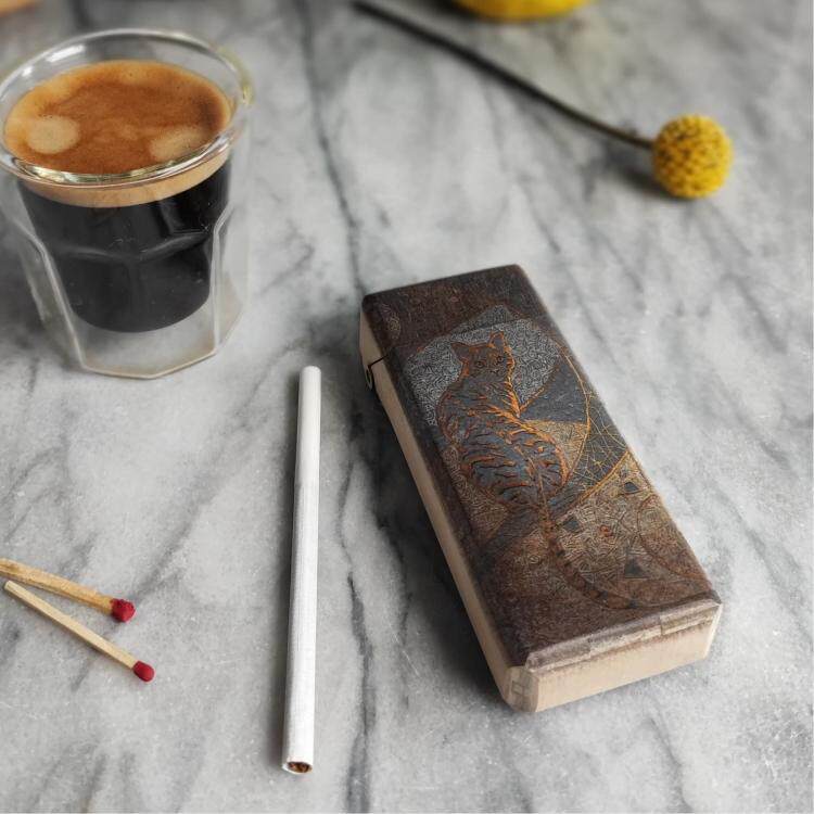 德国代购Cigarettes▼手作高级复古猫咪红色日落轻便超薄木制烟盒