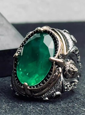 绿色碧玺纯银狮子头雕刻男士戒指