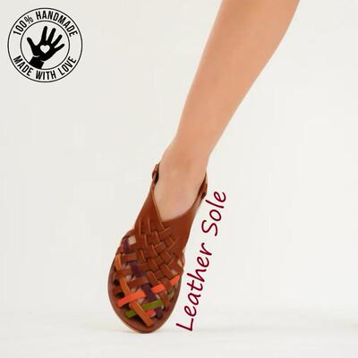 编织牛皮真皮镂空花纹罗马凉鞋