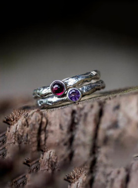 女纯银复古天然石榴石紫水晶戒指