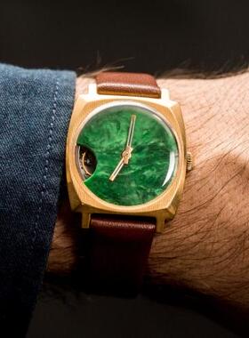 乌克兰代购Malachite ▼古着20世纪80年代孔雀石男士镀金机械手表