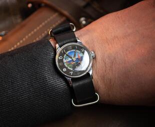 Hand㊣乌克兰代购 老式50年代手绘航海主题黑色真皮苏联机械手表