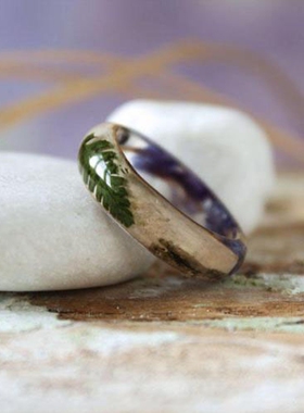 紫色花朵桦树皮真正蕨叶树脂戒指