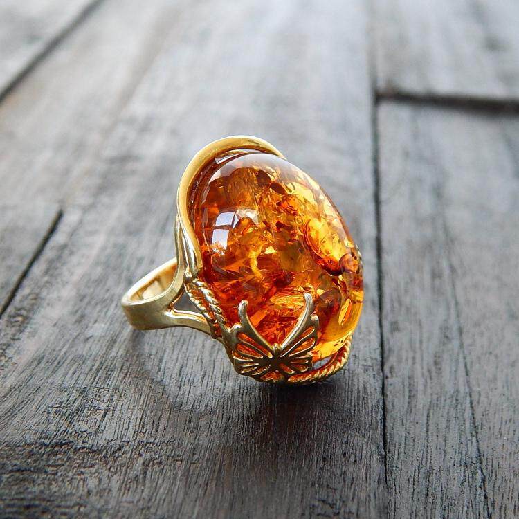 美国代购Amber㊣ 手作优雅精致天然波罗海琥珀纯银镀金蝴蝶戒指