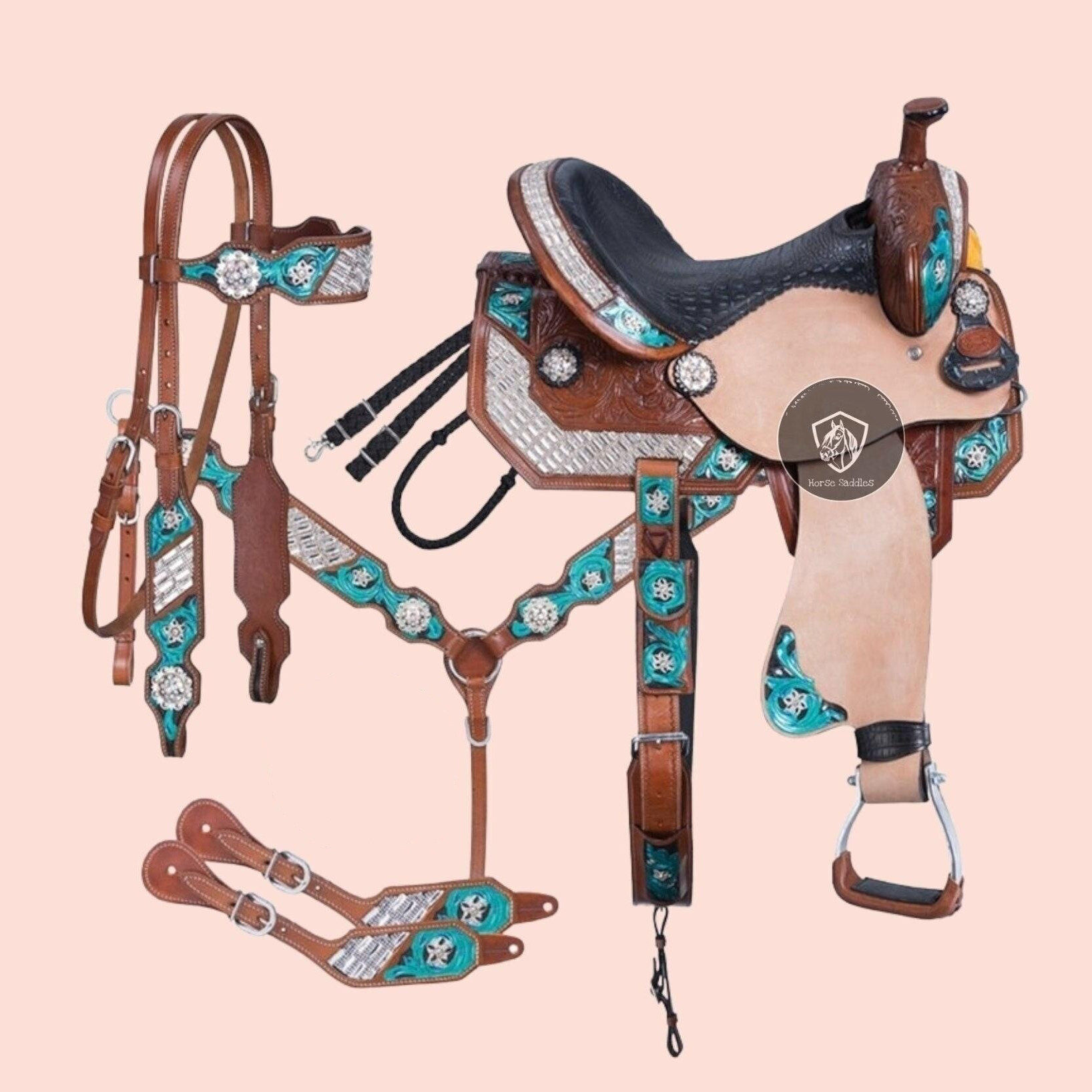 海外代购Saddle◇手作雕刻压花西部优质皮革绕桶赛马笼头马具马鞍
