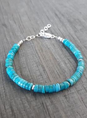美国代购Bracelet㊣ 手作华丽简约精致蓝色绿松石串珠纯银手链