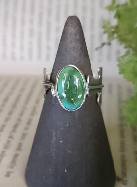 手作绿松石镶嵌橡树叶纯银戒指