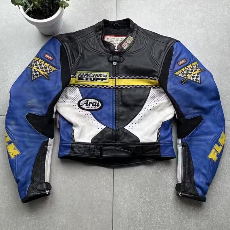 海外代购Biker◇古着复古徽章补丁蓝白黑皮革机车手男士夹克皮衣