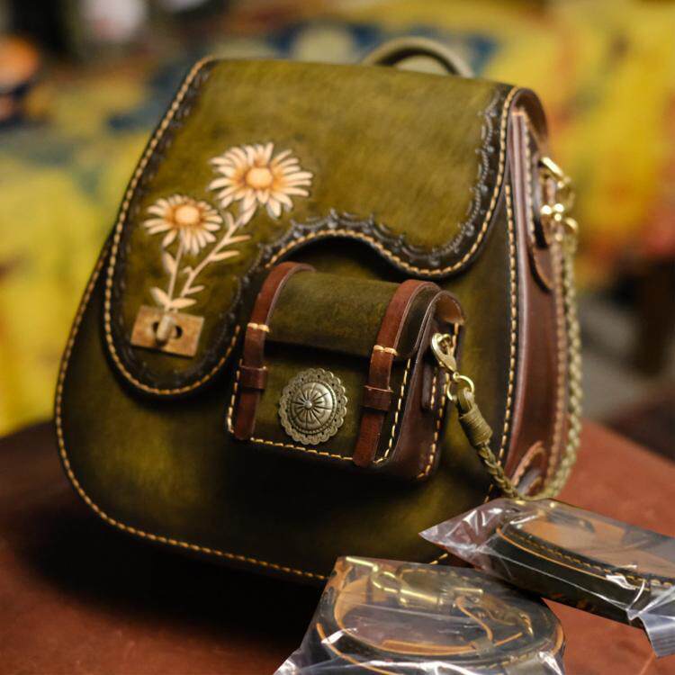 美国代购Backpack㊣ 手作森林系精美别致复古压花牛皮单肩斜挎包
