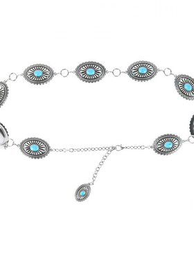 美国代购Concho◇手作椭圆银色康乔扣花边镶嵌绿松石点缀金属腰链