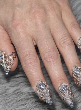 海外代购Sharp∞ 手作哥特式银色蓝色宝石轻巧夹式指甲可调爪环