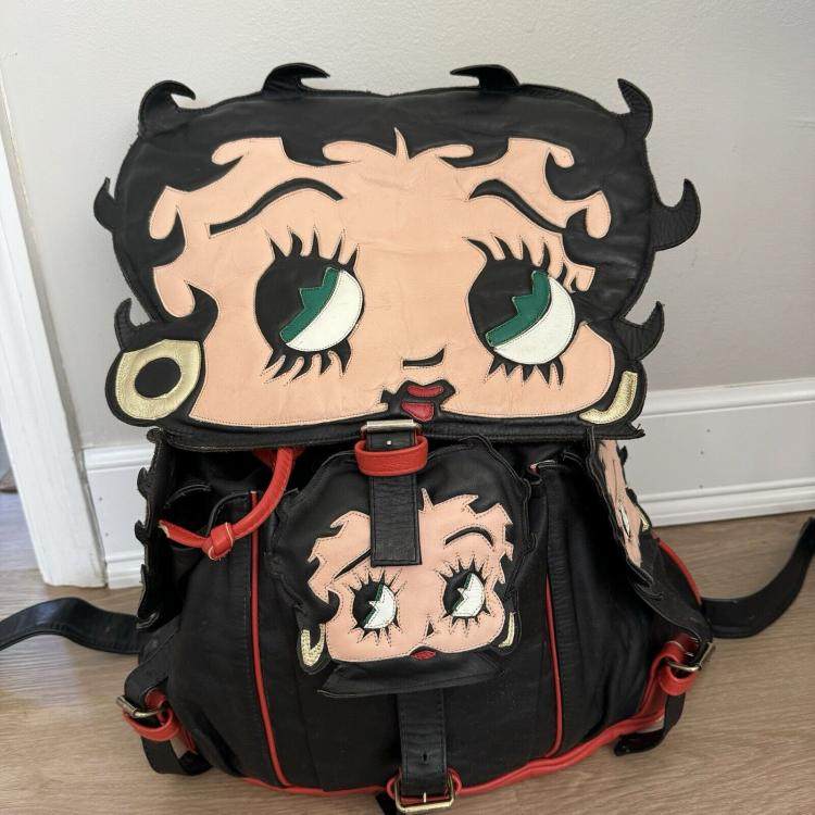 美国代购Backpack▼古着华丽复古卡通头像小女孩大号黑红皮革背包