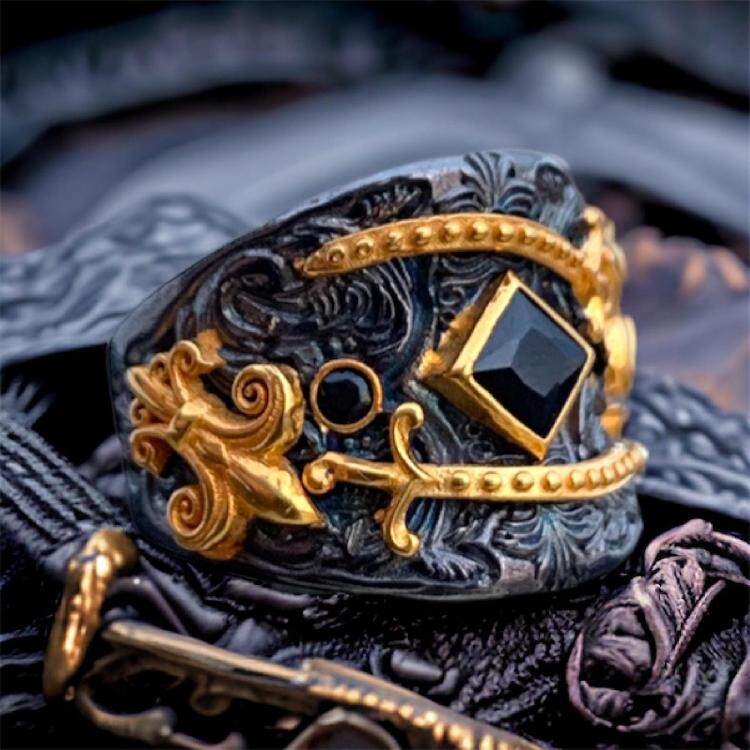 土耳其代购Natural㊣ 手作天然玛瑙石镶嵌24K镀金剑鸢尾花戒指