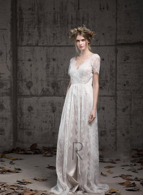 Wedding㊣美国代购 手作优雅迷人美丽新娘蕾丝V领白色短袖婚纱