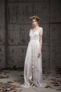 Wedding㊣美国代购 婚纱 手作优雅迷人美丽新娘蕾丝V领白色短袖