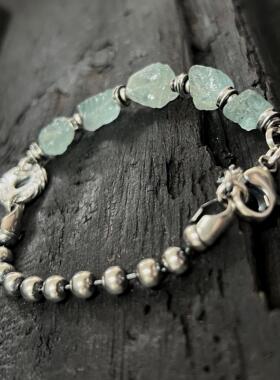 天然海蓝宝石原始纯银银珠手链